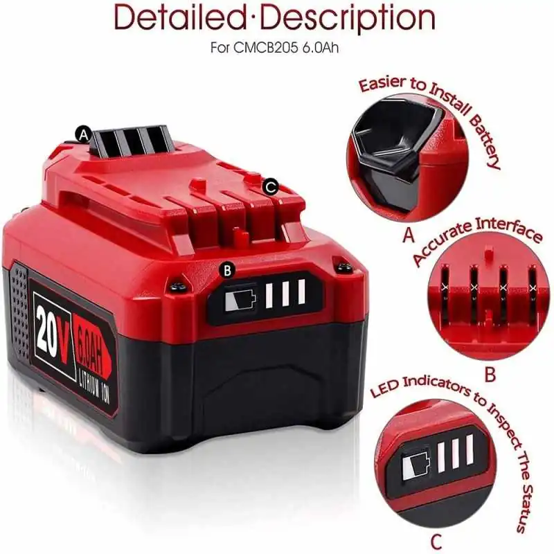 For Craftsman 6.0Ah 20V CMCB204 CMCB202 CMCB206 Lithium-Ion Battery  Replacement - For Craftsman - Batteryer